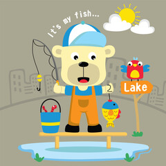 Cartoon bear fishing by the lake with bucket and bird in sunny setting. Children's outdoor activity concept
