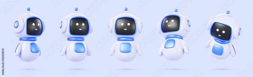 Fototapete 3d cute ai robot character in different angles. Chat bot mascot isolated render icon set. Digital artificial intelligence chatbot, friendly support assistant. Electric cyborg agent. 3D illustration