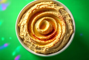Fototapeta premium Creamy Hummus with Olive Oil Swirl and Paprika - Delicious Middle Eastern Dip, Healthy Vegetarian Snack, Close-up Top View Food Photography