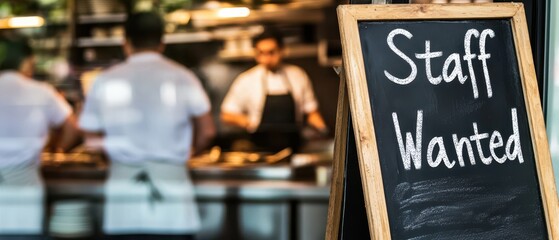 Weathered chalkboard sign reading "Staff Wanted" outside takeaway restaurant