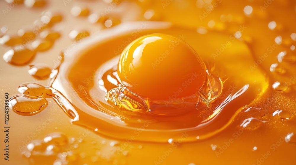 Poster nestled in a pool of transparent egg white, a single golden yolk rests elegantly on a textured orang
