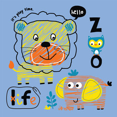 Cartoon lion and elephant with playful zoo elements in colorful style. Children's illustration concept
