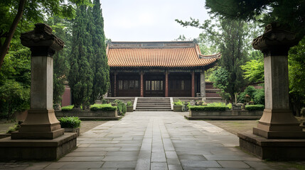 Historic Asian Temple Courtyard Surrounded by Lush Greenery with Stone Pathways : Generative AI