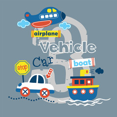 Cartoon airplane, car, and boat with road signs on blue background. Transportation theme concept
