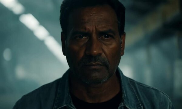 middle-aged Black man in a denim jacket standing alone in an industrial warehouse, with dramatic lighting highlighting his intense, thoughtful expression, capturing a moody, cinematic atmosphere of in