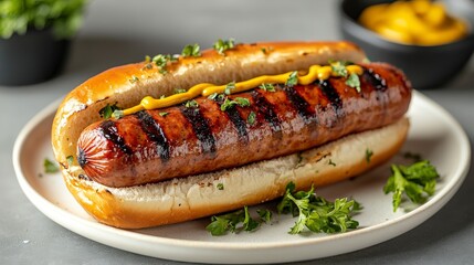 Delicious grilled hot dog in a bun with mustard and fresh parsley garnish close up