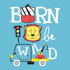 Cartoon wild animals with vehicle and traffic light on blue background. Adventure theme concept

