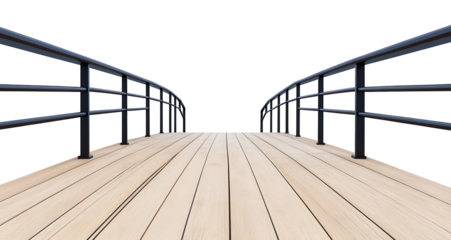 Wooden bridge with metal railings against a red wall.