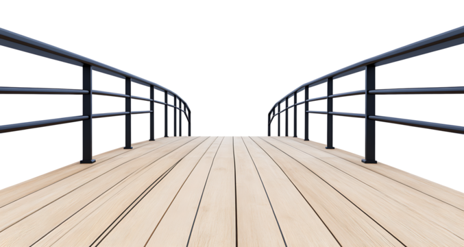 Wooden bridge with metal railings against a red wall.