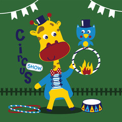 Cartoon giraffe performing circus tricks with fire ring and bird. Entertainment theme concept
