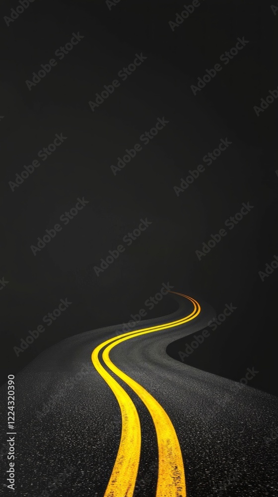 Poster a winding road adorned with vibrant yellow lines meanders through a landscape dominated by a dark gr