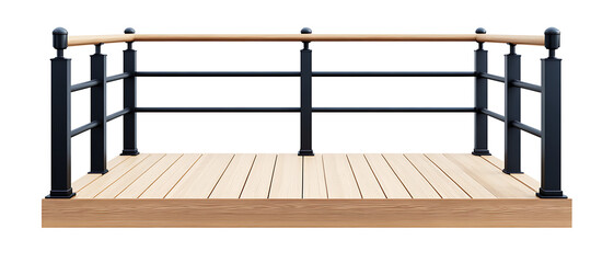 Deck railing design with wooden top rail and black metal balusters.
