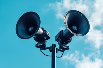 Dual loudspeakers mounted on a pole against a blue sky.
