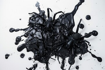 Artful chaos of black paint and spider figures creating a surreal and dramatic visual experience on a white surface isolated on transparent background