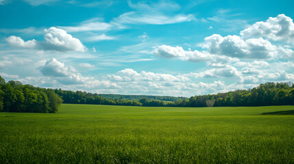 Fototapeta premium Expansive Green Field Underneath a Blue Sky Filled With Fluffy Clouds : Generative AI