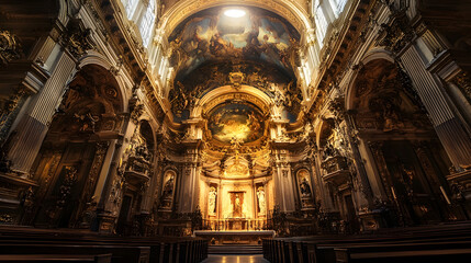 Baroque Cathedral Interior with Ornate Design and Dramatic Lighting Highlighting Divine Artistry : Generative AI