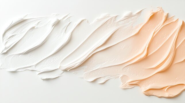 Texture of smooth cream swatched in gradient shades of white to peach on a plain surface.