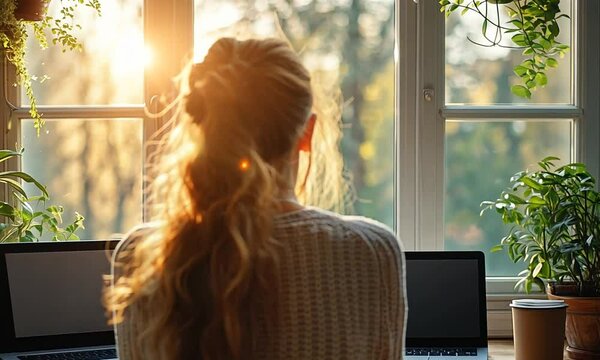 Woman with long hair sitting at a desk with laptops, enjoying a sunset view through a window