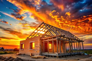 Obraz premium Silhouette of Brick House Construction Site at Sunset - Wooden Roof Trusses Visible