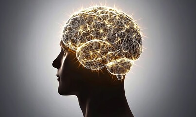 Human brain glowing with neural activity on gray background, ideal for science or mind concepts