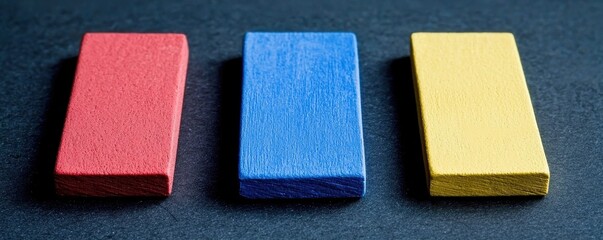 Fototapeta premium Colorful Wooden Blocks Red Blue Yellow Rectangles on Dark Background Abstract Geometric Shapes