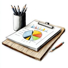A colorful pie chart on a clipboard, surrounded by pencils, representing data analysis and business insights.