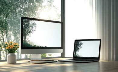 Fototapeta premium Minimalistic Representation of Desktop and Laptop in Modern Interior Setting with Natural Lighting