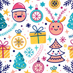 Fototapeta premium Cheerful Christmas seamless pattern with cute characters and festive elements.