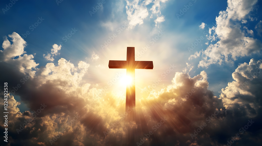 Poster sunlit cross in a heavenly sky with radiant clouds symbolizing faith and hope : generative ai