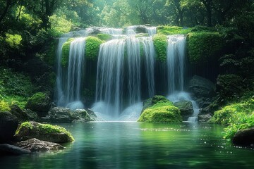 Obraz premium Serene Waterfall Cascading in Lush Forest with Green Mossy Rocks
