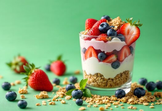 Delicious Strawberry Blueberry Yogurt Parfait with Granola: A Refreshing and Healthy Breakfast or Summer Dessert.  Bright colors, fresh ingredients, and a beautiful layered presentation make this parf