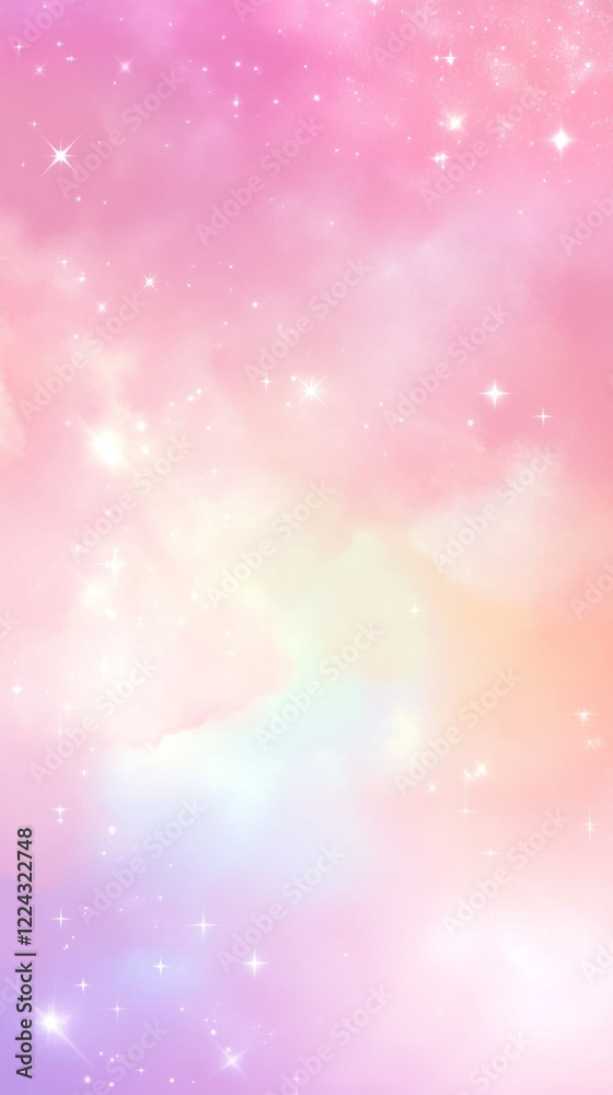 Poster a mesmerizing pastel sky spreads across the horizon, adorned with twinkling stars and fluffy pink cl