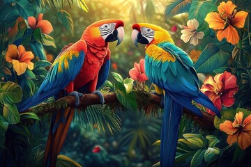 Fototapeta premium Tropical Rainforest Scene with Colorful Macaws and Exotic Foliage
