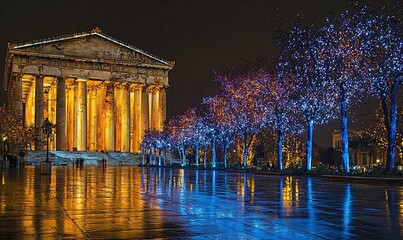 Illuminated temple at night with reflective walkway and decorative trees