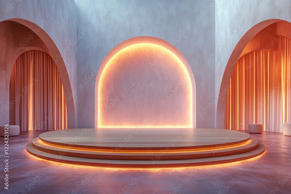 Poster minimalist conference stage with large blank frame and ambient lighting