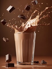 Chocolate milkshake splashing with chocolate chunks, brown background.