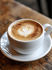Creamy Cappuccino In White Cup With Intricate Latte Art Heart Design Cozy Rustic Setting : Generative AI