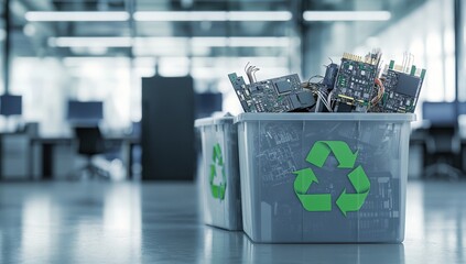 Electronic waste in recycle bins in office.