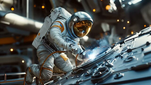 An astronaut diligently working on a spacecraft amidst flying sparks while floating in the vastness of outer space