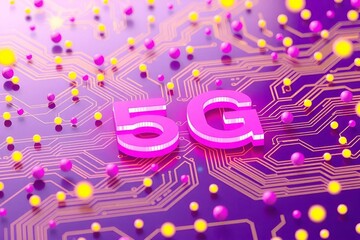 Fototapeta premium Stylized 5G symbol on a vibrant circuit board with colorful dots and connections