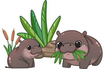 Cute cartoon pygmy hippo in zoo illustration