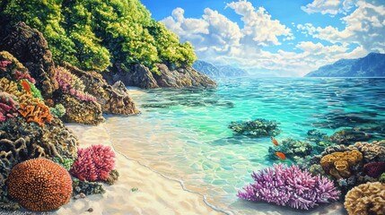 Naklejka premium Serene Tropical Beachscape: Vibrant Coral Reef and Crystal-Clear Waters