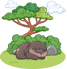Cute cartoon pygmy hippo in zoo illustration