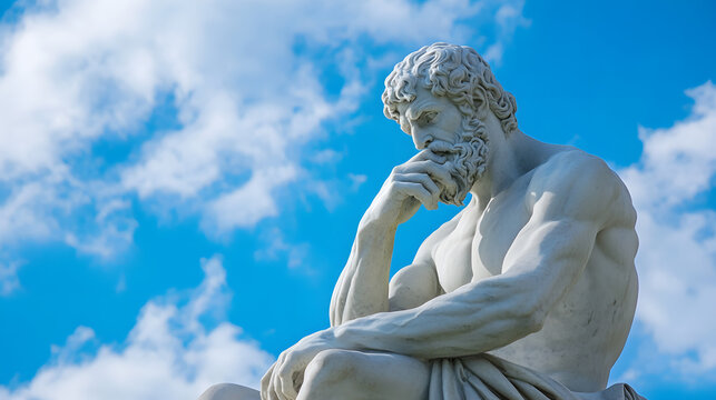 Marble statue of a philosopher deep in thought against a blue sky representing wisdom and contemplation : Generative AI