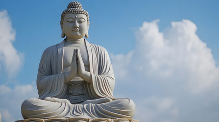 Fototapeta premium Serene Stone Buddha Statue Meditating Under Vast Blue Sky with Fluffy White Clouds : Generative AI
