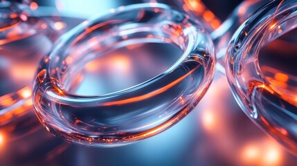 Abstract 3D rendering of interlocked polygonal rings. Dynamic shapes with glowing edges., Generative AI