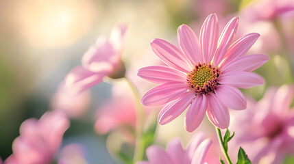 Delicate Pink Flowers Blooming Under Soft Sunlight in a Tranquil Garden Setting : Generative AI