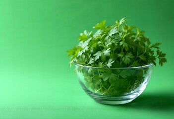 Fresh Parsley in Glass Bowl - Vibrant Green Herb Close-up, Culinary Ingredient, Healthy Food, Organic, Vegan, Vegetarian, Spring, Summer, Minimalist, Clean, Bright, Studio Shot, Closeup, Detail, Isola