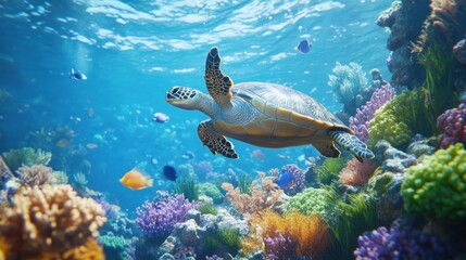 Obraz premium Sea turtle swimming coral reef ocean vibrant marine life