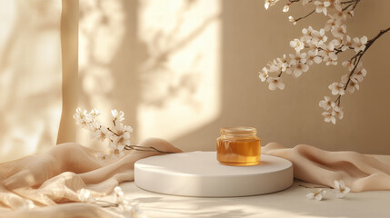 White circular podium, surrounded by a Manuka honey on a soft beige background.